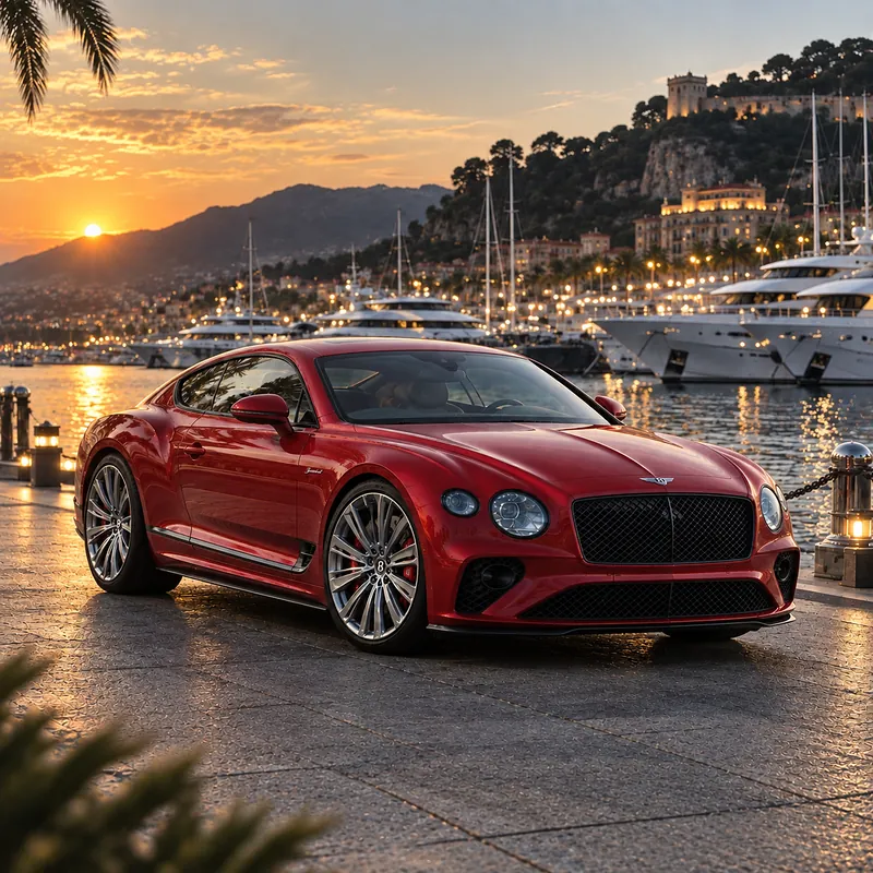 Bentley Continental GT rossa su un porto turistico al tramonto