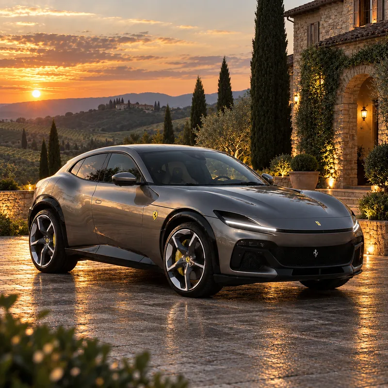 Ferrari Purosangue grigia davanti a un casale fra le colline al tramonto