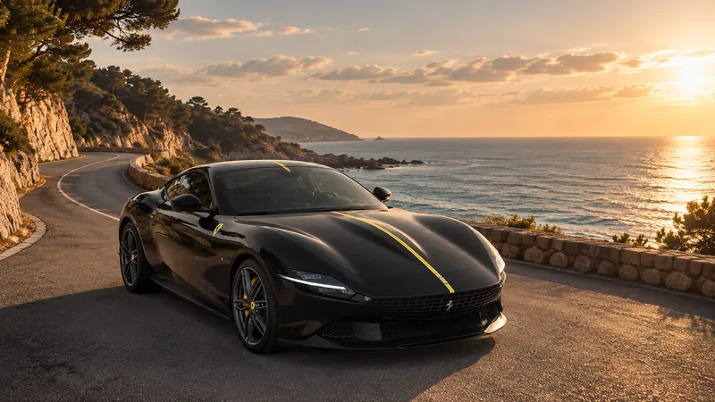 Ferrari Roma nera con fascia gialla, ferma su una strada costiera al tramonto