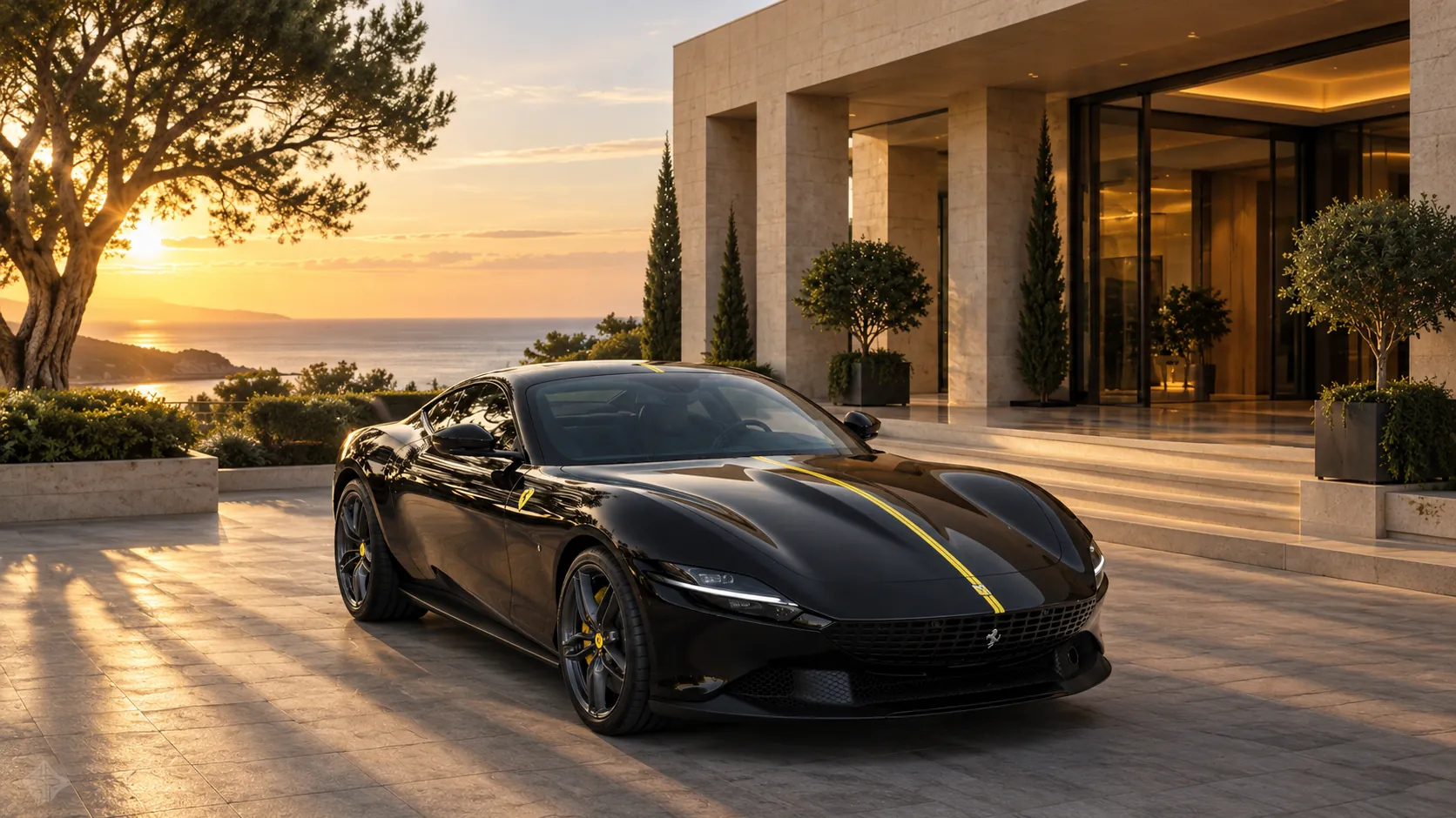 Ferrari Roma nera davanti all'ingresso di una villa sul mare