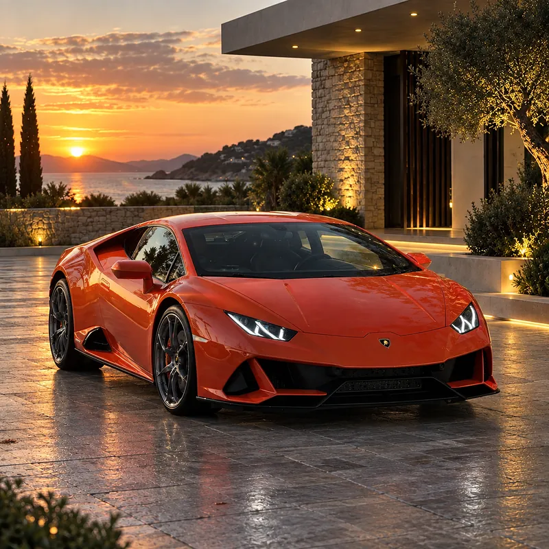 Lamborghini Huracán EVO arancione davanti a una villa sul mare al tramonto