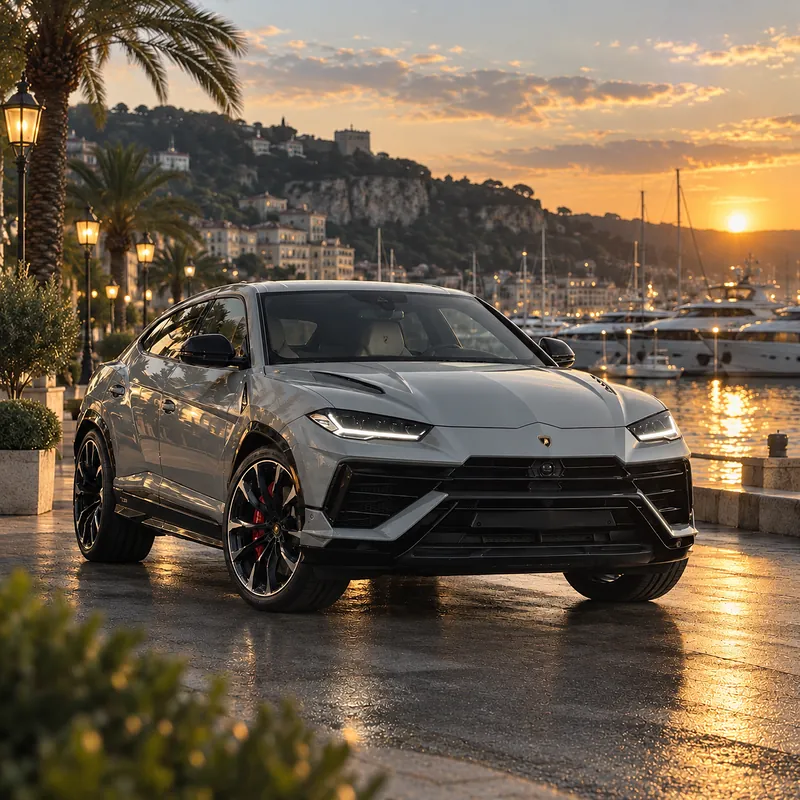 Lamborghini Urus S grigia sul lungomare di un porto al tramonto