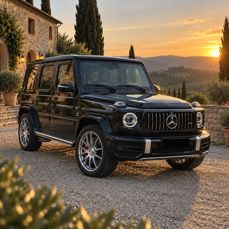 Mercedes-AMG G 63 nero davanti a un casale in pietra fra le colline al tramonto