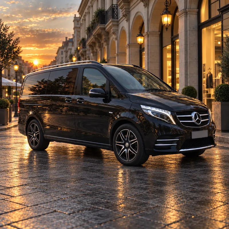 Mercedes Classe V AMG Line nera in una via con portici e vetrine al tramonto