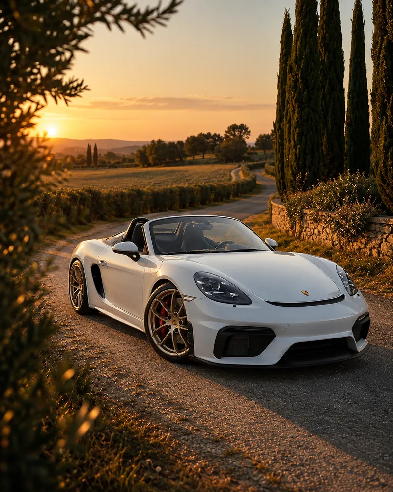 Porsche 718 Spyder chiara, capote aperta, su una strada di campagna fra i cipressi al tramonto