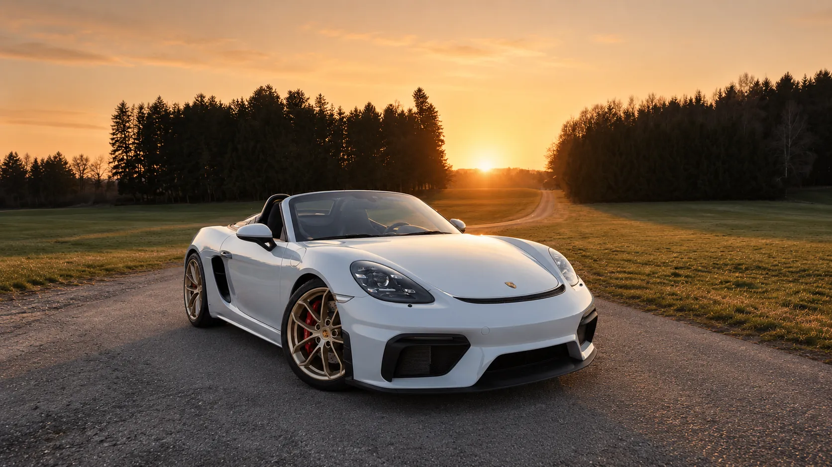 Porsche 718 Spyder chiara, capote aperta, davanti a un bosco al tramonto