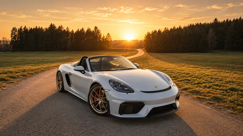 Porsche 718 Spyder chiara, capote aperta, su una strada di campagna al tramonto