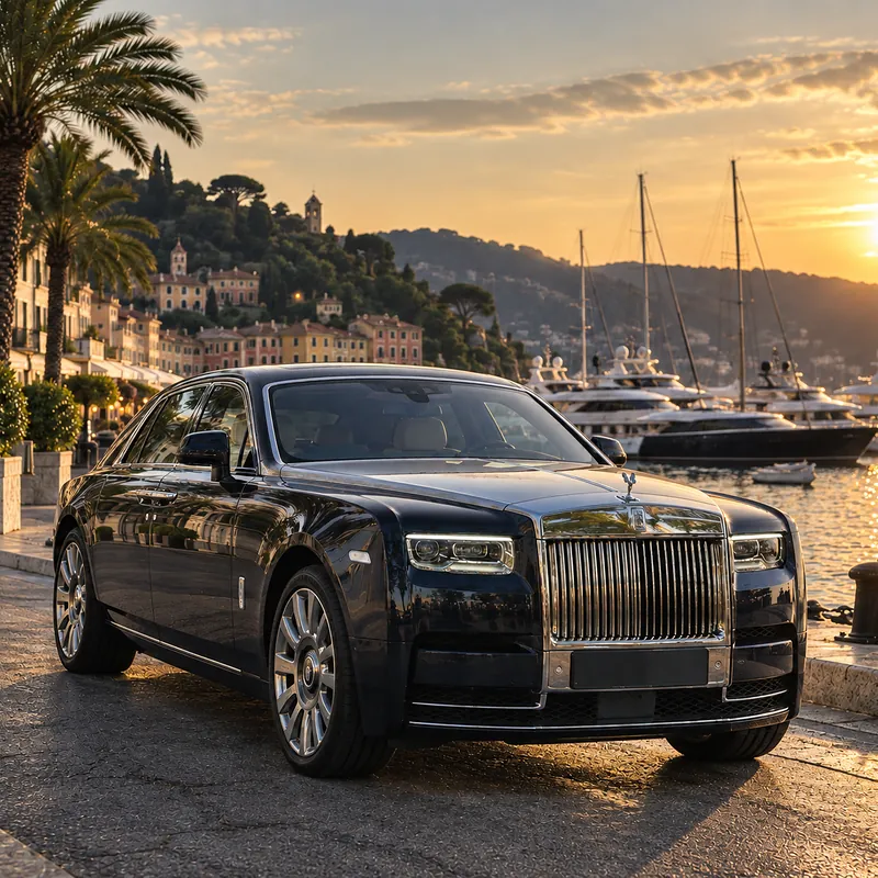 Rolls-Royce Phantom blu notte sul lungomare di un porto al tramonto